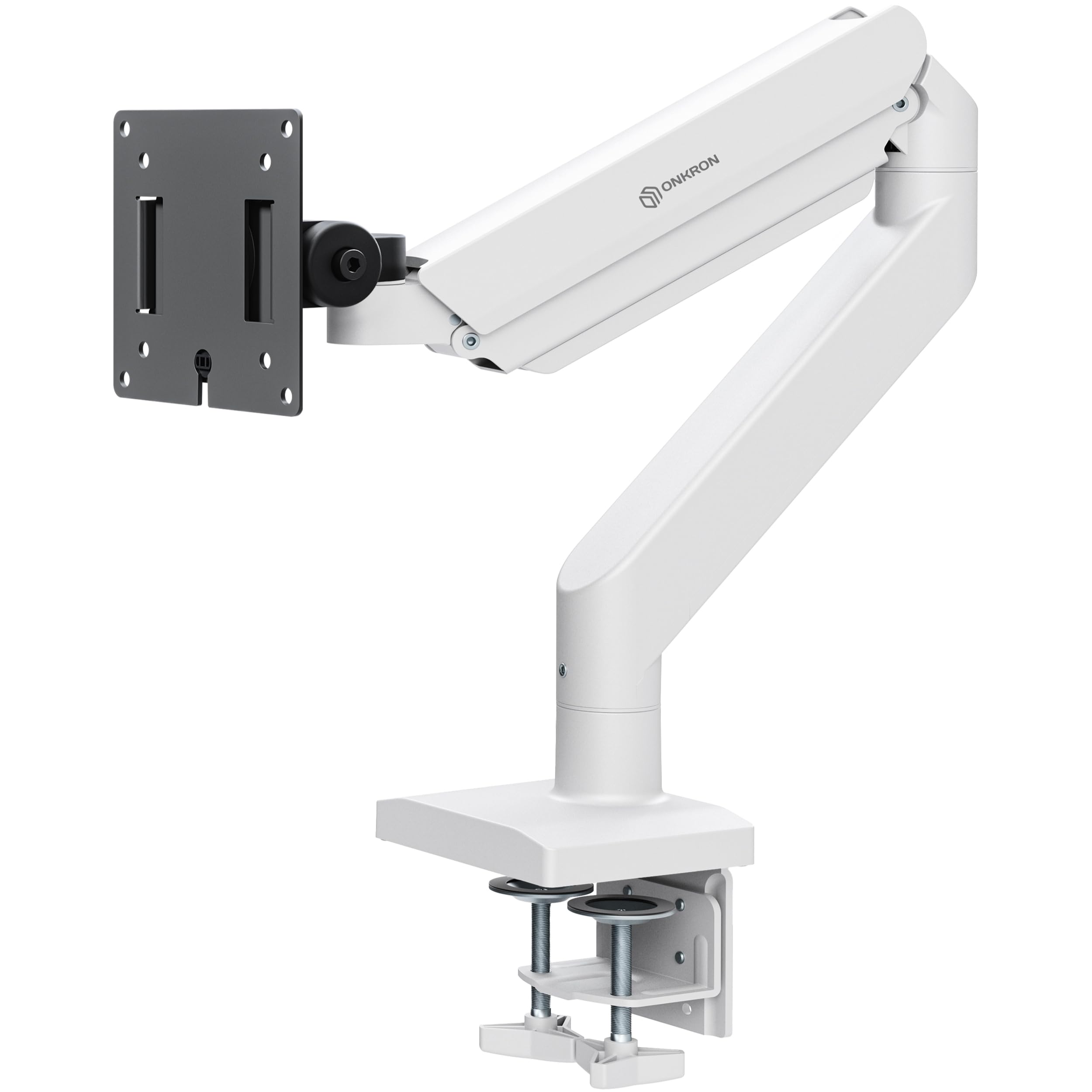 ONKRON Soporte Monitor Escritorio 13-55 Pulgadas, Carga hasta 25 kg, Brazo Monitor VESA 75x75 – 100x100 mm, con Muelle de Gas, Soporte para Pantalla Ordenador Blanco y Negro G110-BW