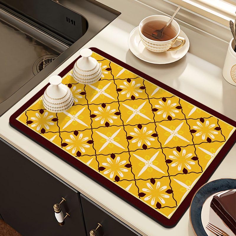 HomeCloud Dish Drying Mat for Kitchen Counter Hide Stain Super Absorbent, Non-Slip, Heat-Resistant, Great for Dishes,Rack Pad, Kitchen Counter, Coffee Maker, Coffee Item (Yellow Flower, 40x50cm)