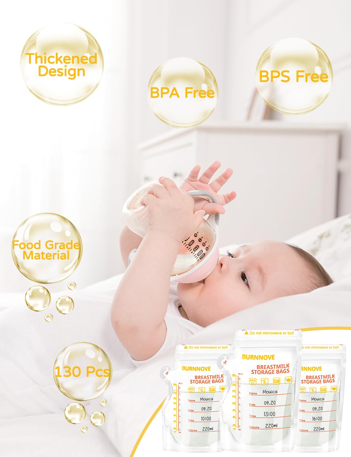 BURNNOVE Breast Milk Storage Bags 130 Pack 250ml BPAFree Leakproof Double Zipper UltraDurable with EasyPour Spout WriteOn Labels - Image 2