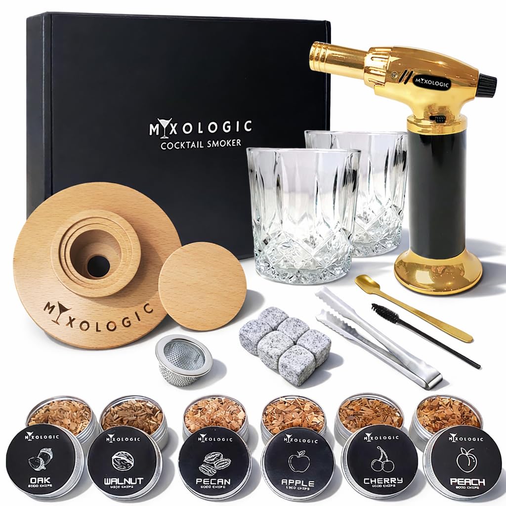 Mixologic Men's Wood Cocktail Smoker Kit With Torch, 2 Glasses, 6 Chips, Whiskey Stones & Accessories, Old Fashioned Whisky Smoking Set, Drinks Infuser, Gift, Boyfriiend, Dad, Husband (No Butane)