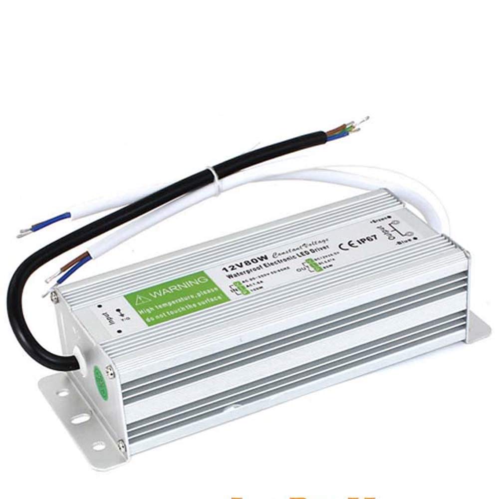 12V 80W LED Driver Waterproof IP67, Ultra Slim Transformer 240V AC to 12V DC 6.6A 12 Watt Quiet Low Volt Converter LED Power Supply Constant Voltage For LEDs Strip, Indoor & Outdoor