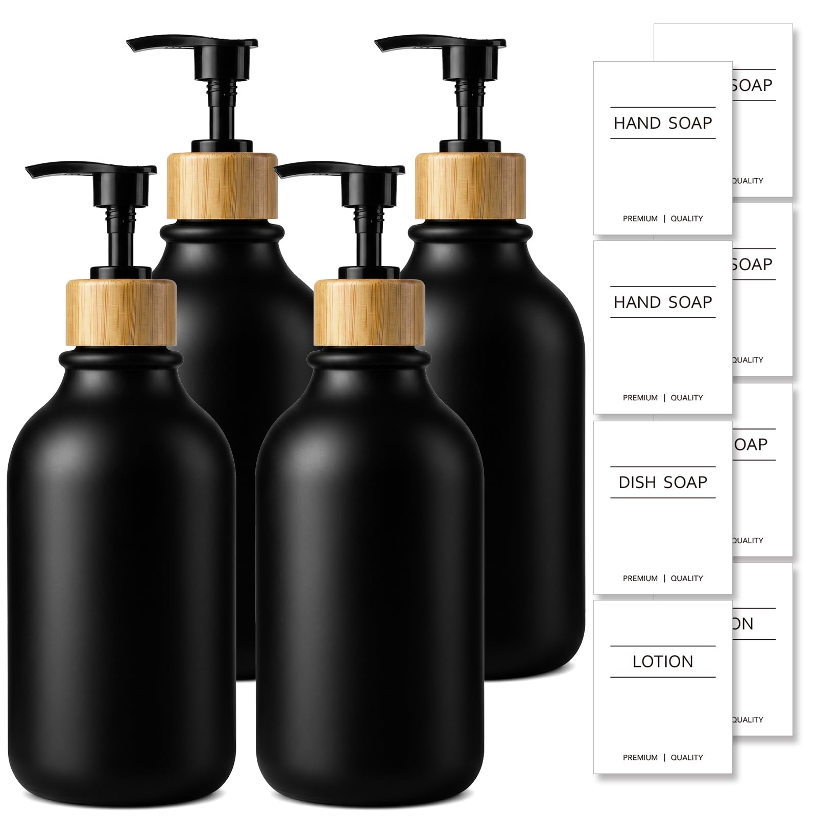 KASUNTING Dispensador de jabón negro, paquete de 4 dispensadores de jabón de manos para baño con bomba de bambú, juego de dispensador de manos y platos de plástico de 17 onzas líquidas para cocina,