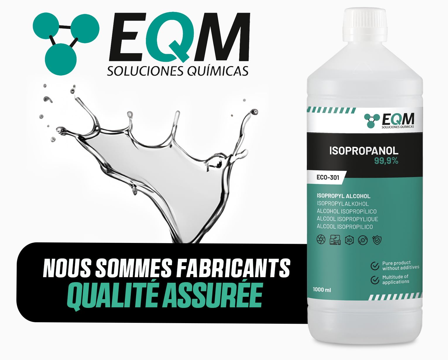 EQM - ECO-301 - Alcool Isopropylique Pur à 99,9% - 3x1L - Nettoyage de composants électroniques, objectifs et écrans - Nettoyage des résines d'impression 3D