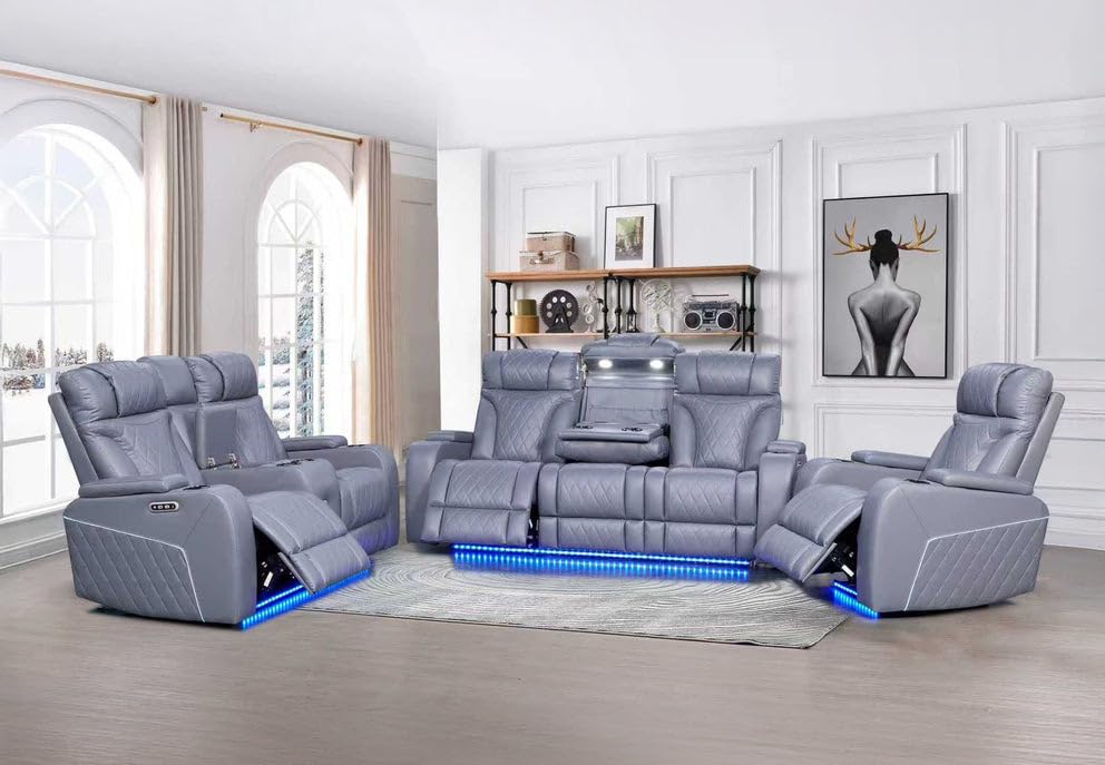 First of a Kind Luxurious Gray Loveseat Sofa - Dual Reclining Loveseat with Console Slate - Diamond-Stitched Leather and LED Lighting - Cup Holders, Bass Speaker &amp; Power Controls
