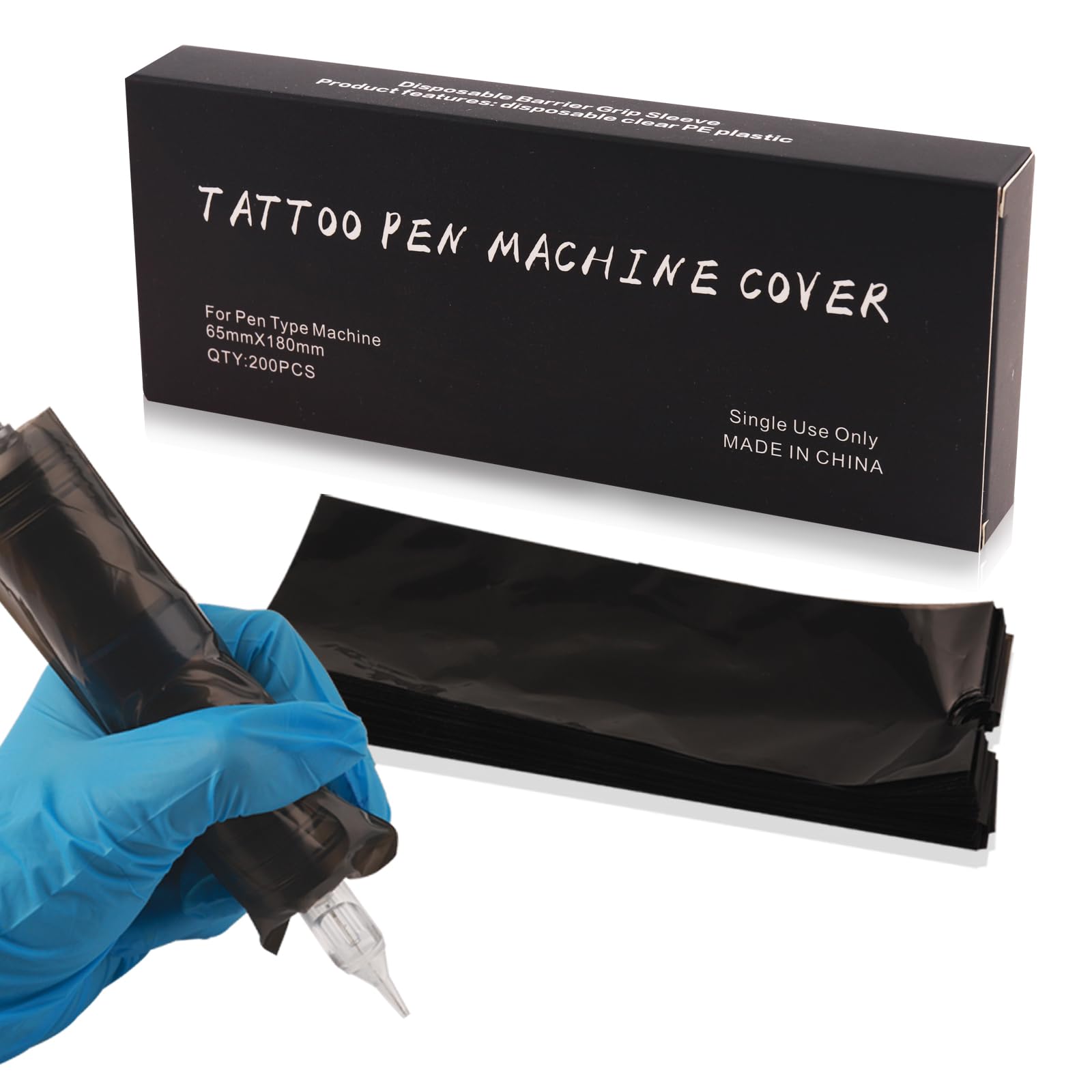 Yangna Tattoo Pen Covers Disposable Sleeves 200Pcs Black Machine Covers 2.5x7.1inch Large Size Fits Most Rotary Machines Durable Plastic Protection