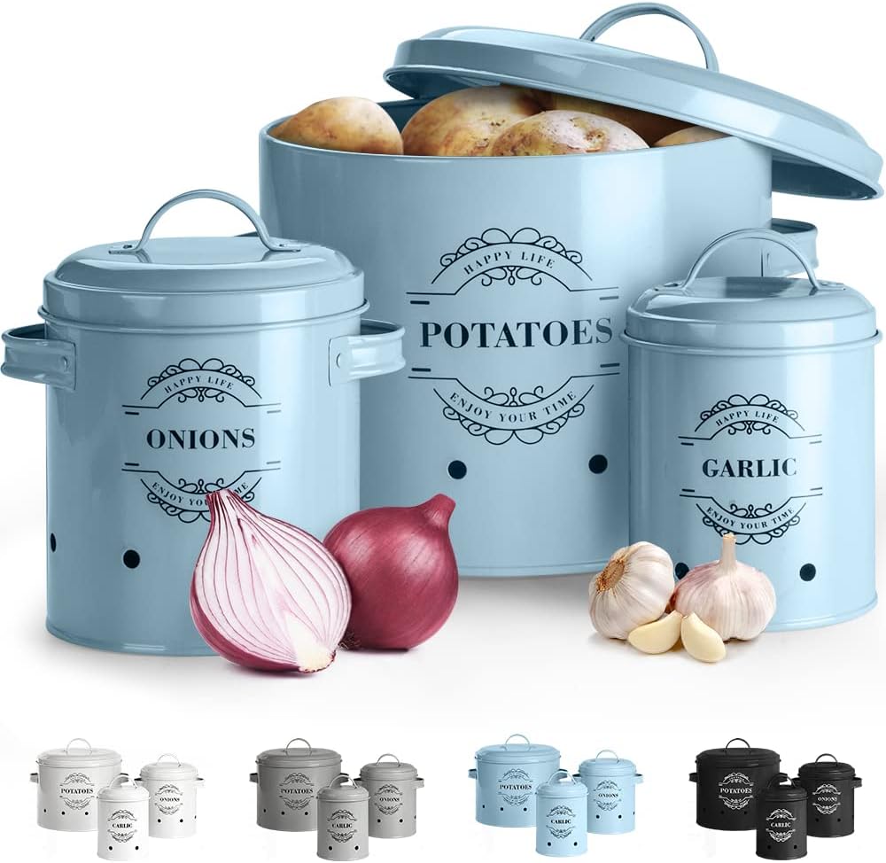 Virklyee® Set of 3 Potato, Onion and Garlic Tin Food Storage Container Kitchen Vegetable Storage Tins Fruit Pot Vegetable Basket Easy to Save (Blue)