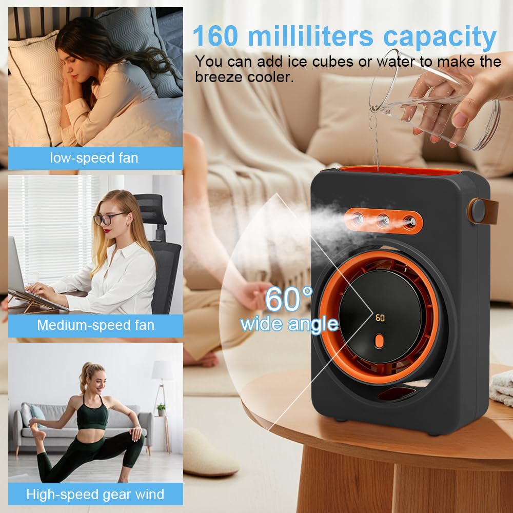 Aire Acondicionado Ventilador Portatil, Enfriador de Aire Evaporativo, Ventilador USB con Agua, Aire Acondicionado portátil, Ventilador Recargable para Mesa, Coche, Camping (negro)