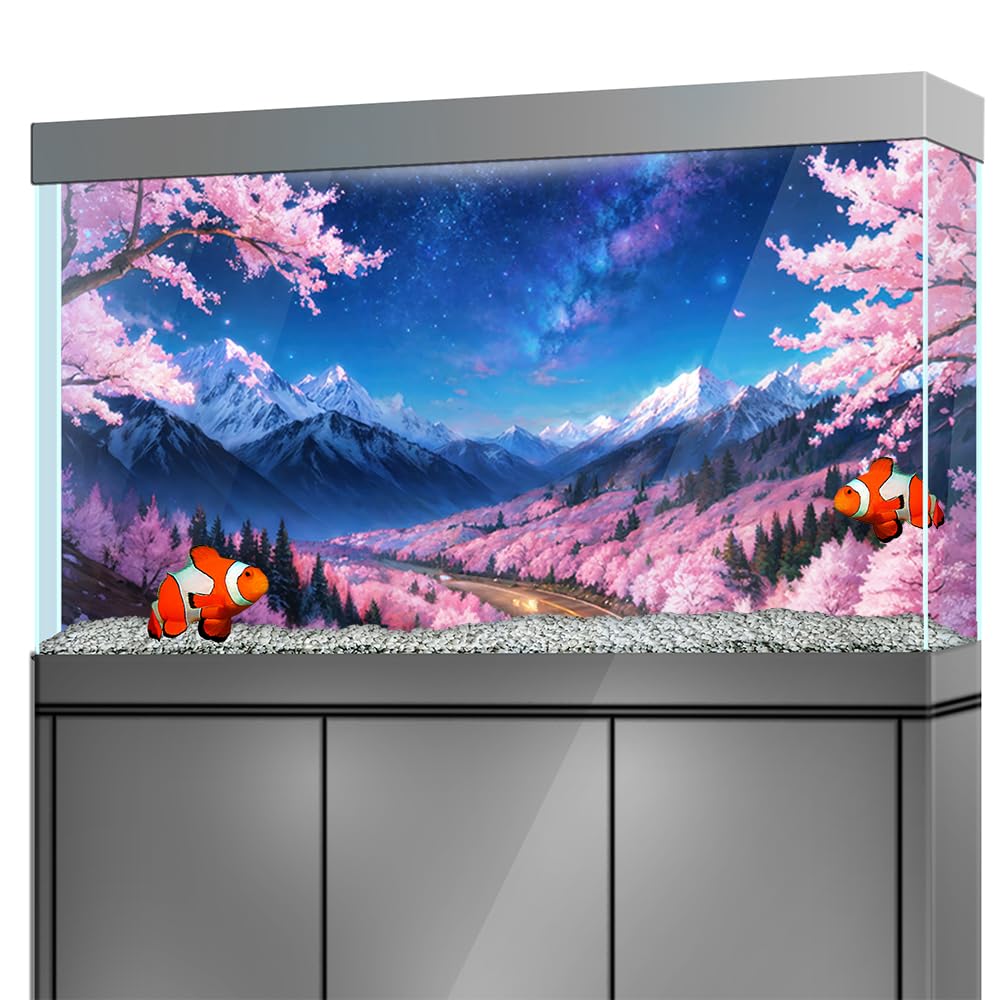 LYYAB Aquarium Background Stickers - Cherry Blossom, Mountain, Starry Fantasy Self-Adhesive Fish Tank Reptile Terrarium Decor Poster (120 x 60 cm / (47.2 x 23.6 inches))