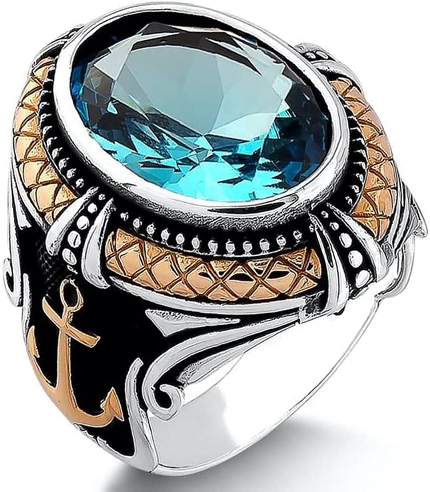 mysilverworldSolid 925 Sterling Silver Anchor Design Aquamarine Stone Men's Ring