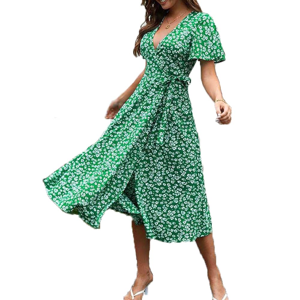 BSLVWG Women's Short Sleeve V Neck Wrap Waist Summer Dress Midi Casual Floral Sundress Midi Dresses Holiday Dress (UK, Alpha, S, Regular, Regular, Green)