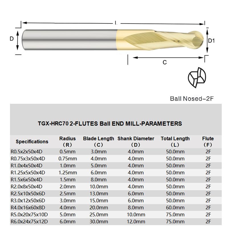 Image of Carbide Ball Nose EndMill HRC70 Double Edge 2 Flute TICN Coating Tungsten Steel Milling Cutter for Metal Steel HRC70 R0.5-R6.0 Series 11pcs Set