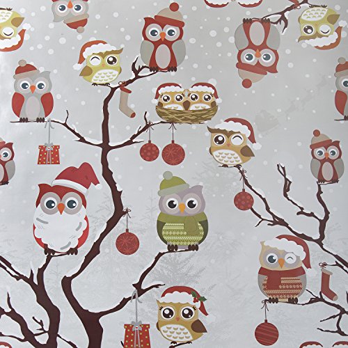 Grey Santa Owls Xmas PVC Vinyl Oilcloth 140cm x 200cm