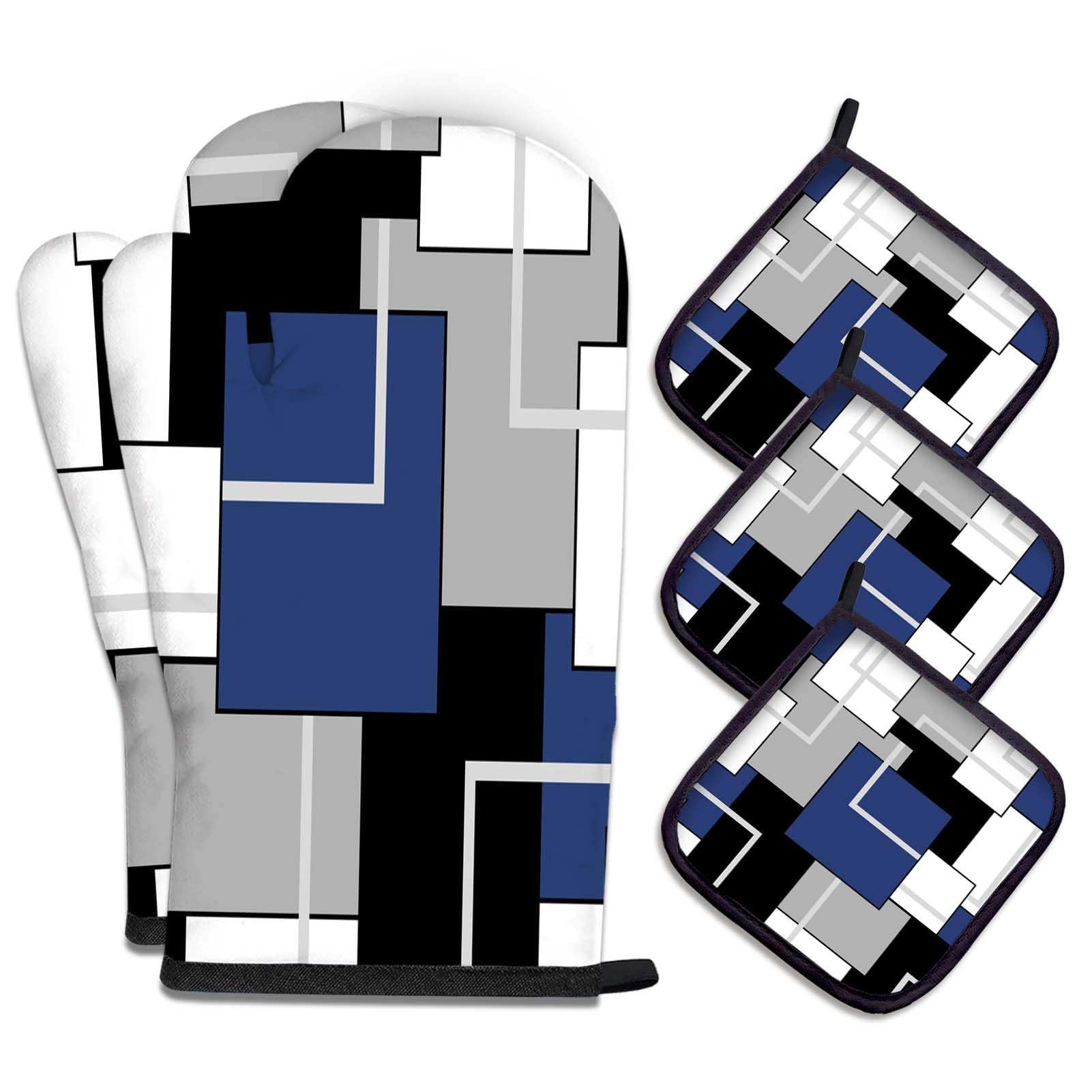 MCALK 5 Pcs Navy Blue Oven Mitts and Pot Holders Sets, Geometric Black Oven Gloves and Hot Pads for Kitchen Cooking, Abstract Modern Art Oven Mitt