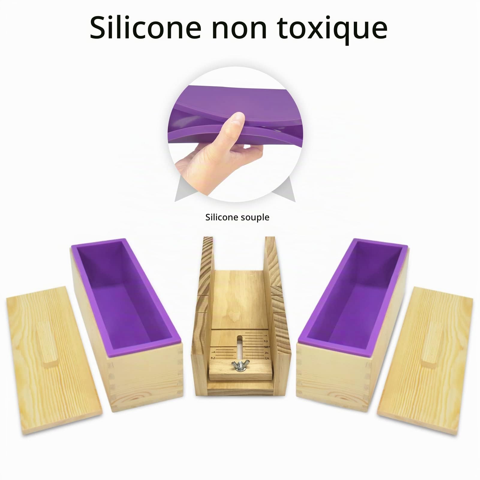 Artcome Kit de 2 moules de coupe rectangulaires en silicone pour pain de 1200 ml, 2 boîtes en bois avec couvercle, outil de coupe réglable en bois avec coupe ondulée en acier