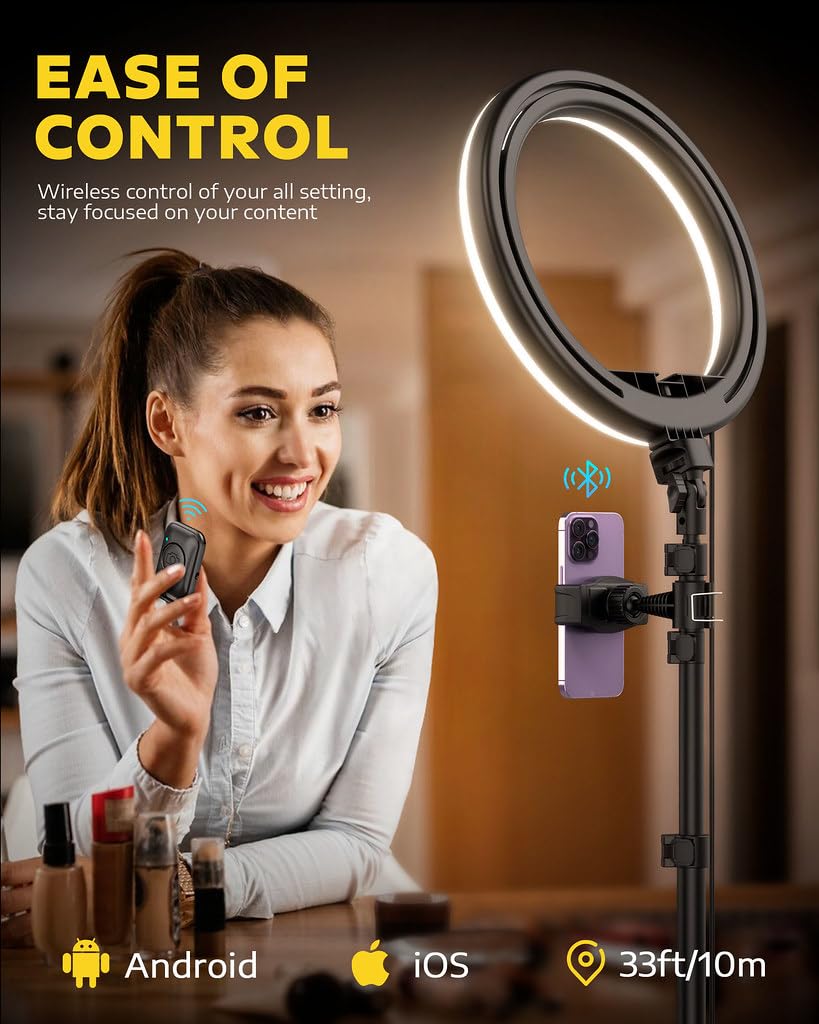 Kaiess 25,9 cm Selfie-Ringlicht mit 165,1 cm verstellbarem Stativständer und Handyhalterung für Live-Stream/Make-up, verbessertes dimmbar, 36 Farbmodi, LED-Ringlicht für Tiktok/YouTube/Zoom/Fotografie