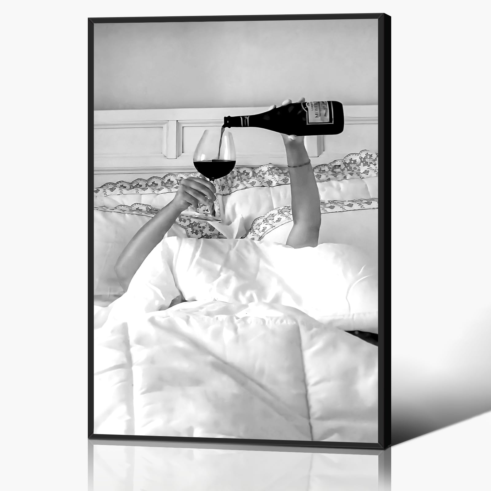 Anslipswar Girls 06 Framed Preppy Canvas Wall Art, In Bed With Champagne Pictures, Modern Neutral Fashion Poster Trendy Teen Funky Home Wall Decor For Living Room Bar Cart 16X24in Framed