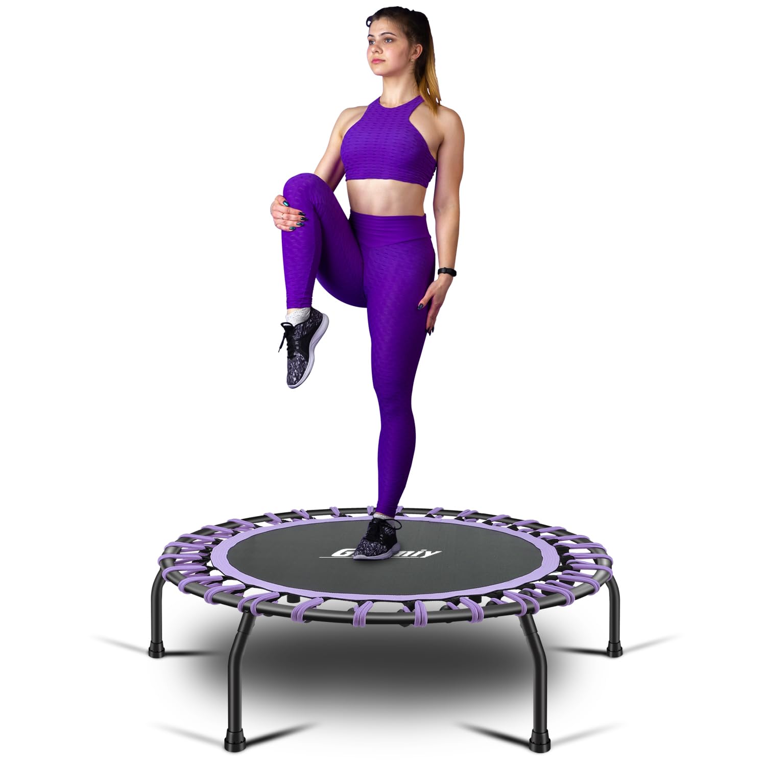 Gielmiy Fitness trampolín Ø Aprox. 101cm, silencioso pequeño Fitness rebounder para Fitness en Interiores, Sistema de diseño de Cuerda elástica, Peso del Usuario hasta 150kg