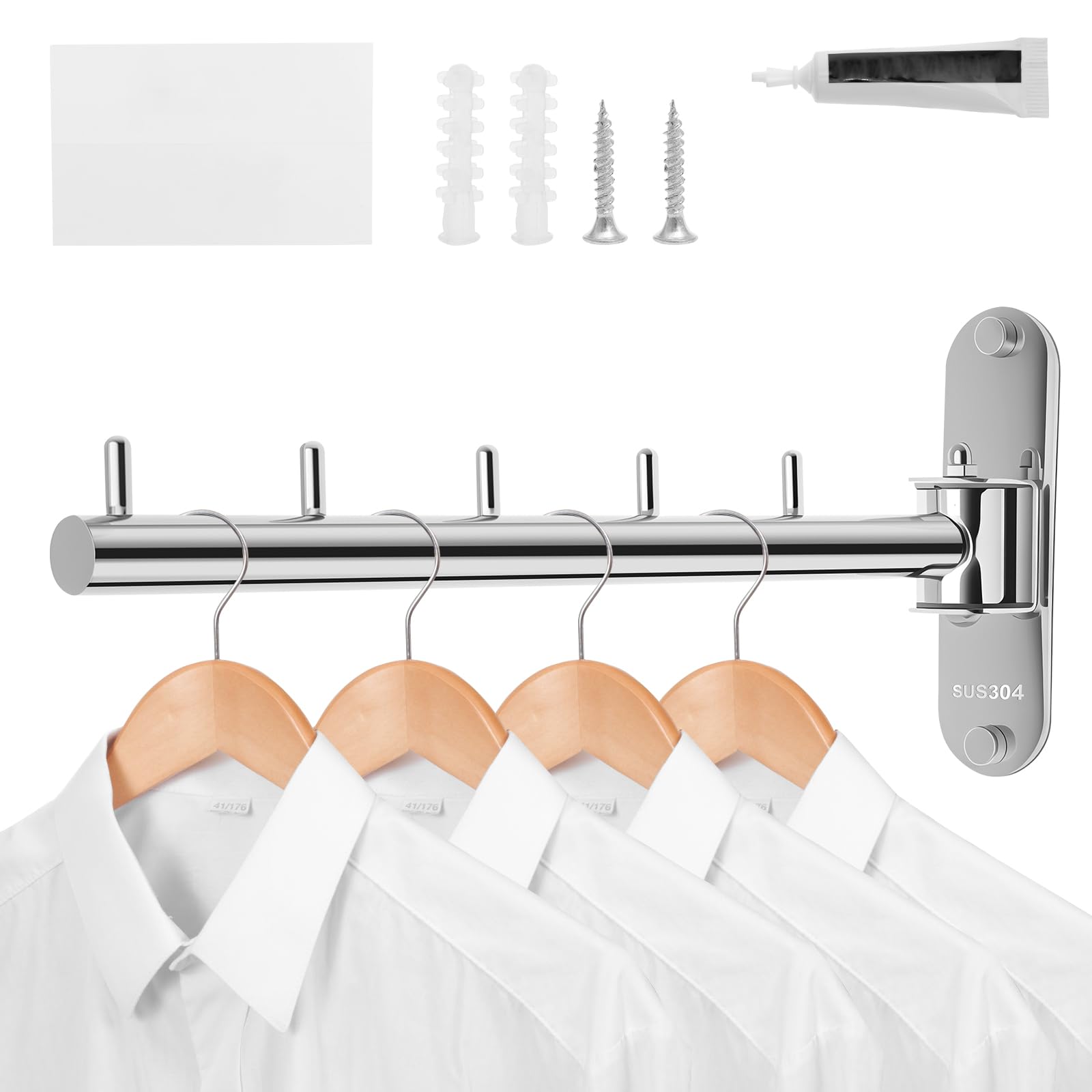 Wall Mounted Clothes Hanger Rack Swing Arm, Folding Clothes Hanger Space Saving Drying Rack Stainless Steel Laundry Room Valet Hook Holder Foldable Hanging Hook Rod for Laundry Closet Bedroom