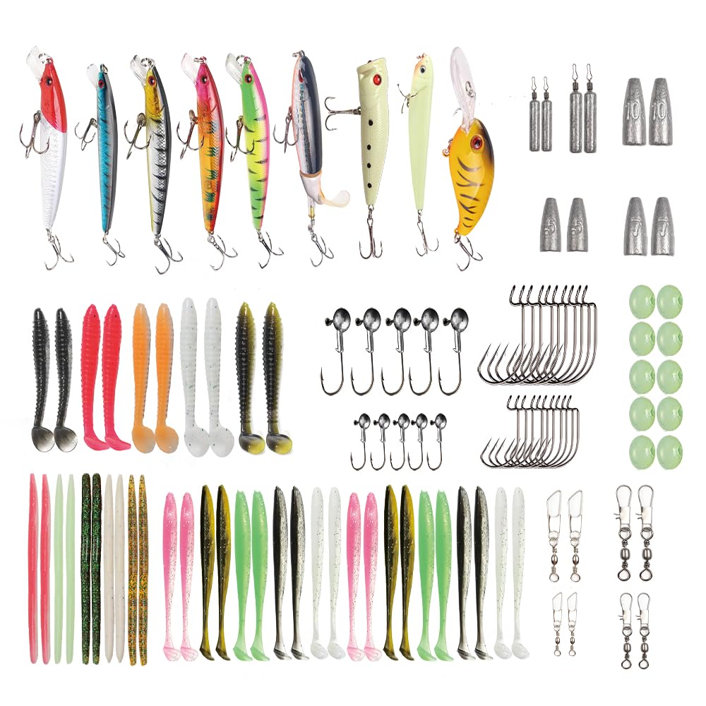 YOUHOT Fishing Lures 107PCS Kit Including Minnow Popper Crank Baits Soft Plastic Worms Jigs Hooks Snaps Beads for Bass Trout Salmon