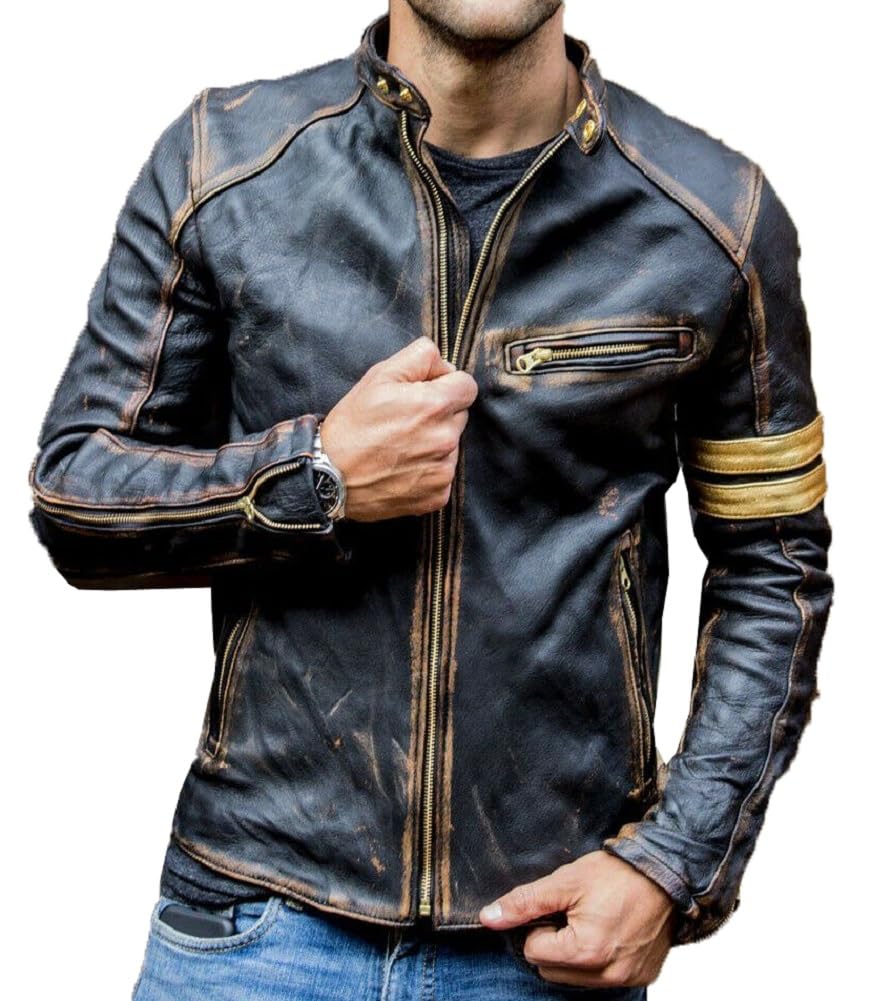 Mens Real Leather Biker Cafe Racer Vintage Motorcycle Distressed Black Genuine Leather Jacket