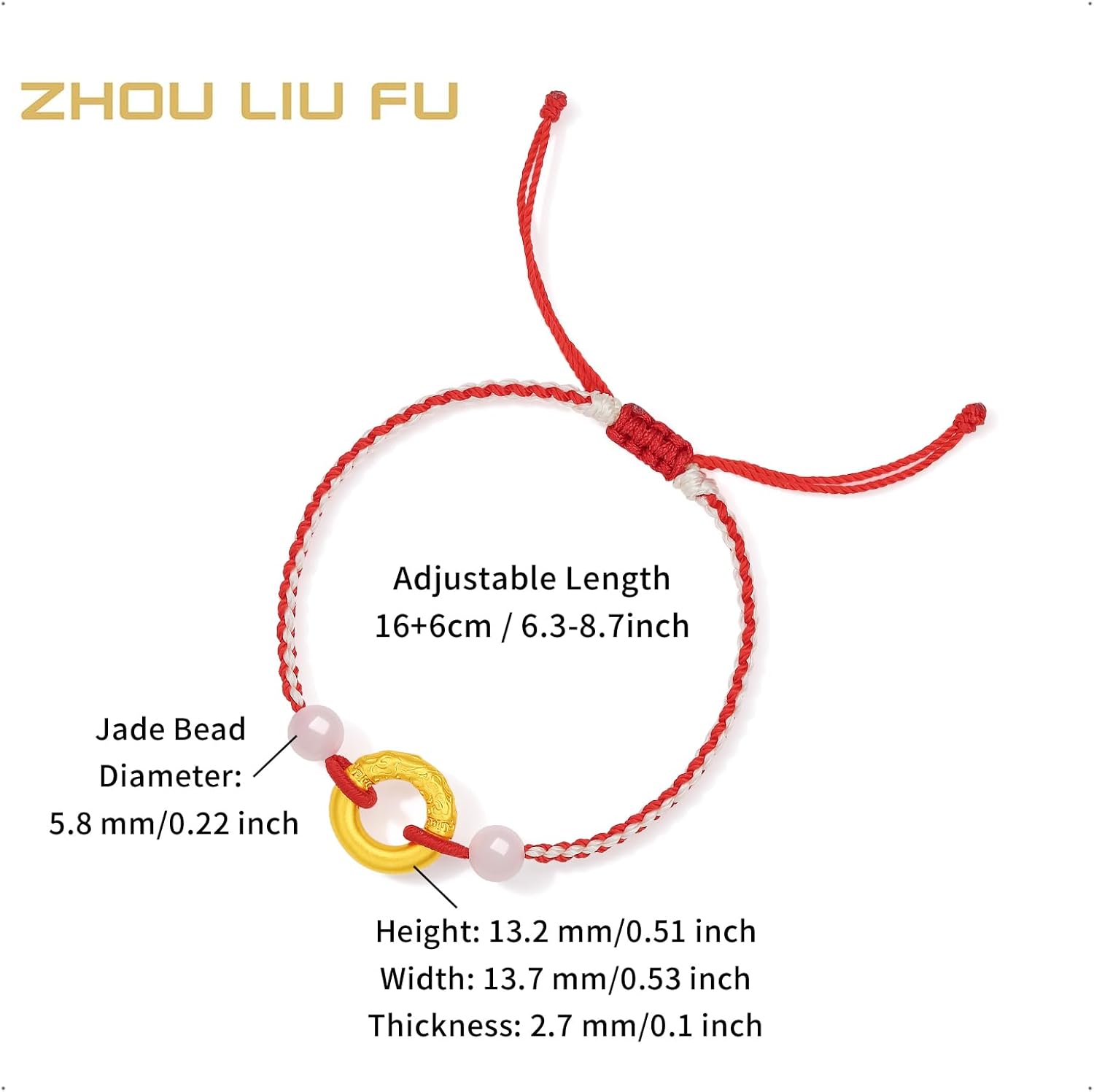 24K Solid Yellow Gold Peace Buckle Blessing Bracelet White Jade Bracelet for Women Adjustable Red Braided Bracelet Birthday Aniversary 6.3-7.5inch/16+3cm Y1714634
