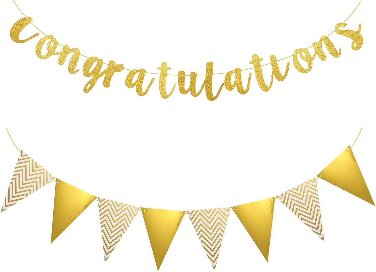 Gold Glitter Congratulations Banner - 2pcs Pre-Strung Gold Congrats Banner, Glitter Banners for Wedding, Engagement, Congrats Grad Banners Gold Celebration Decorations for Parties