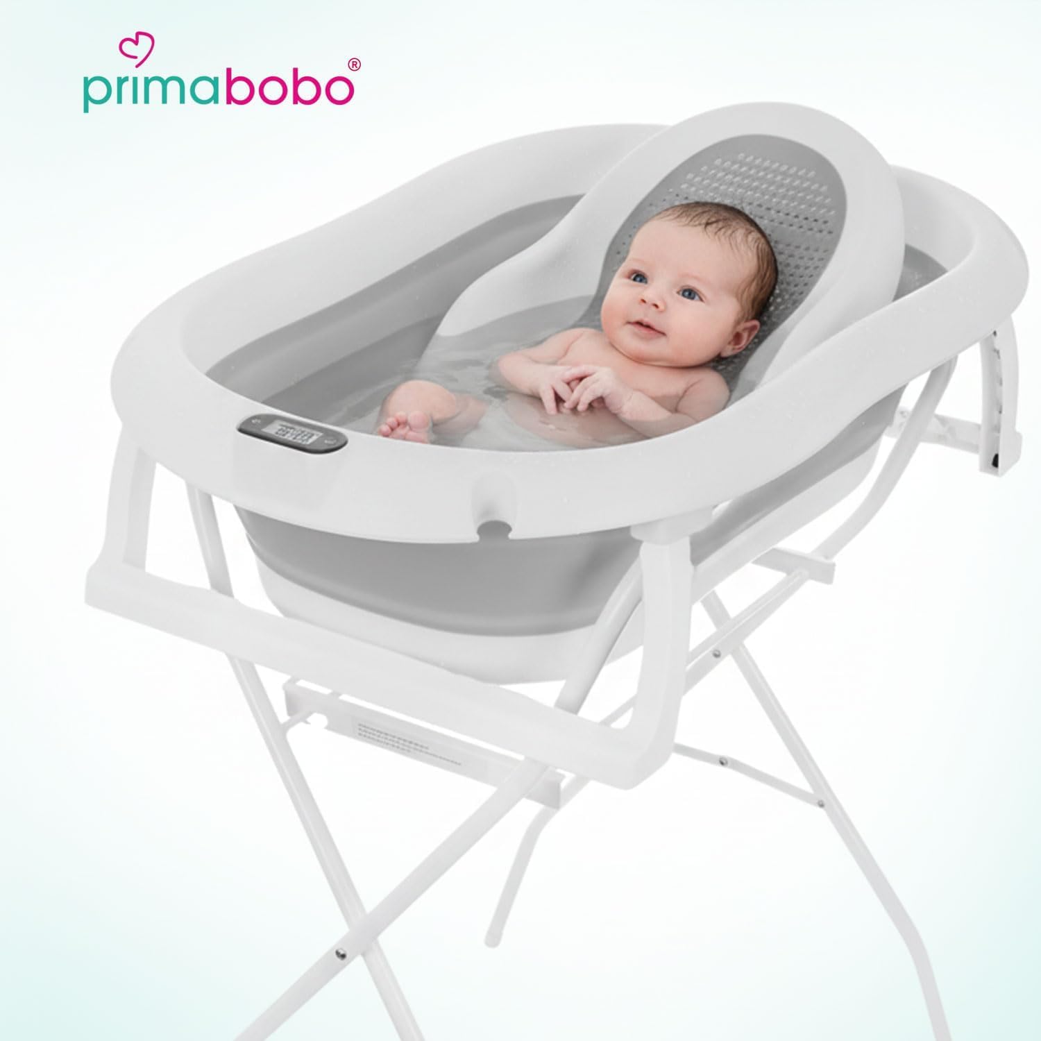 Primabobo Kit de Bain Bébé PREMIUM : Baignoire Pliable avec Thermomètre LCD Intelligent, Transat Ergonomique et Support Stable, Ensemble de Bain Luxe 80cm, Gris