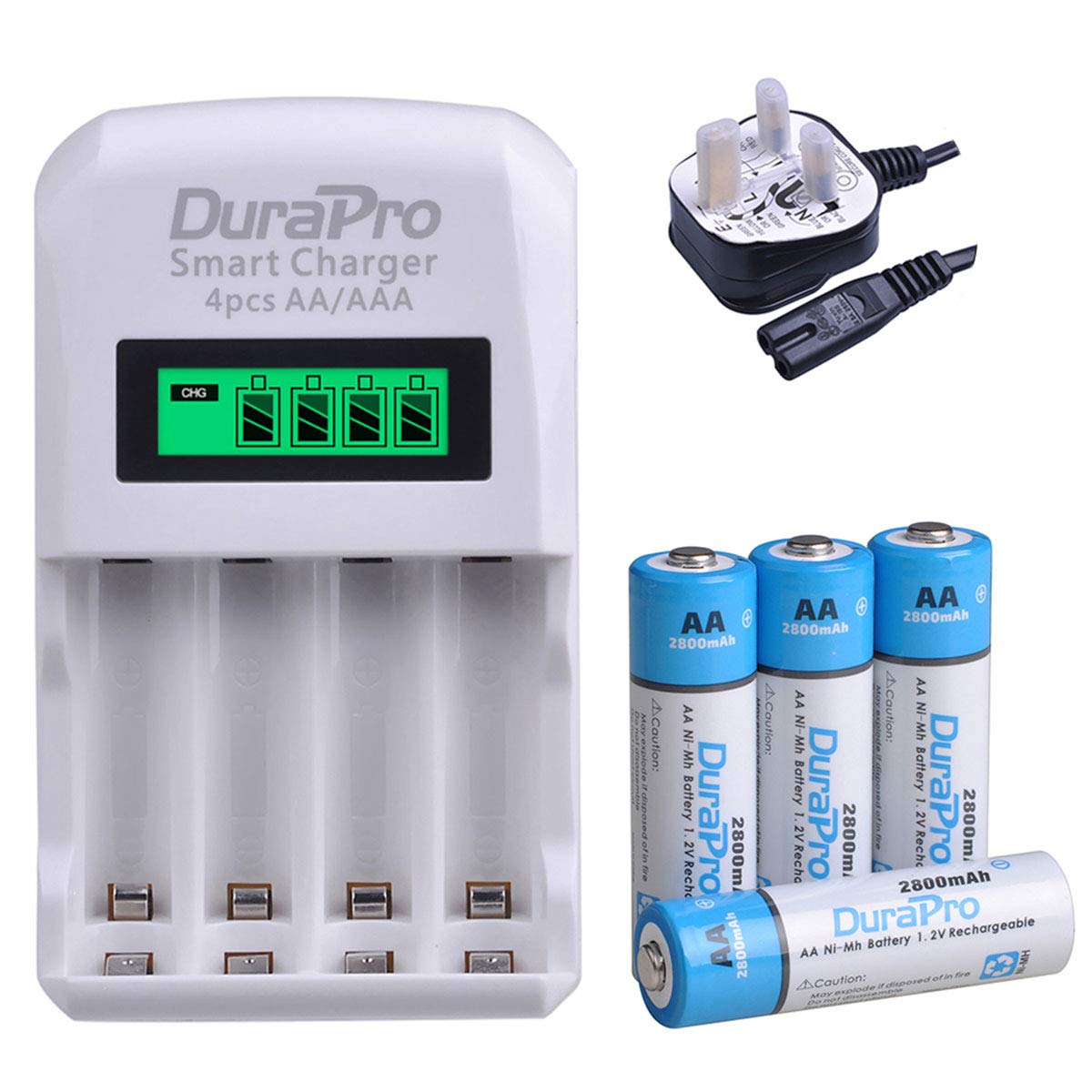 4Pcs DuraPro 2800mAh AA Rechargeable Battery NiMH + LCD 4-Slots Speedy Battery Charger for Ni-Cd/Ni-MH AA AAA Rechargeable Batteries