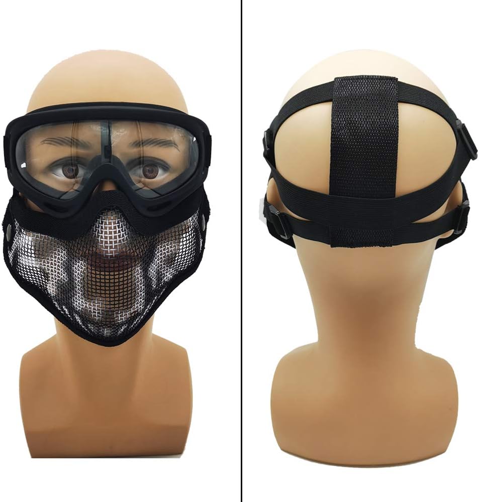 PuddingStation Airsoft Mask and Goggles, AdjustableSteel Mesh Mask Half Face Protection Face Skull Set, Outdoor Glasses Goggles for Paintball Shooting Cosplay War Game : Sports & Outdoors
