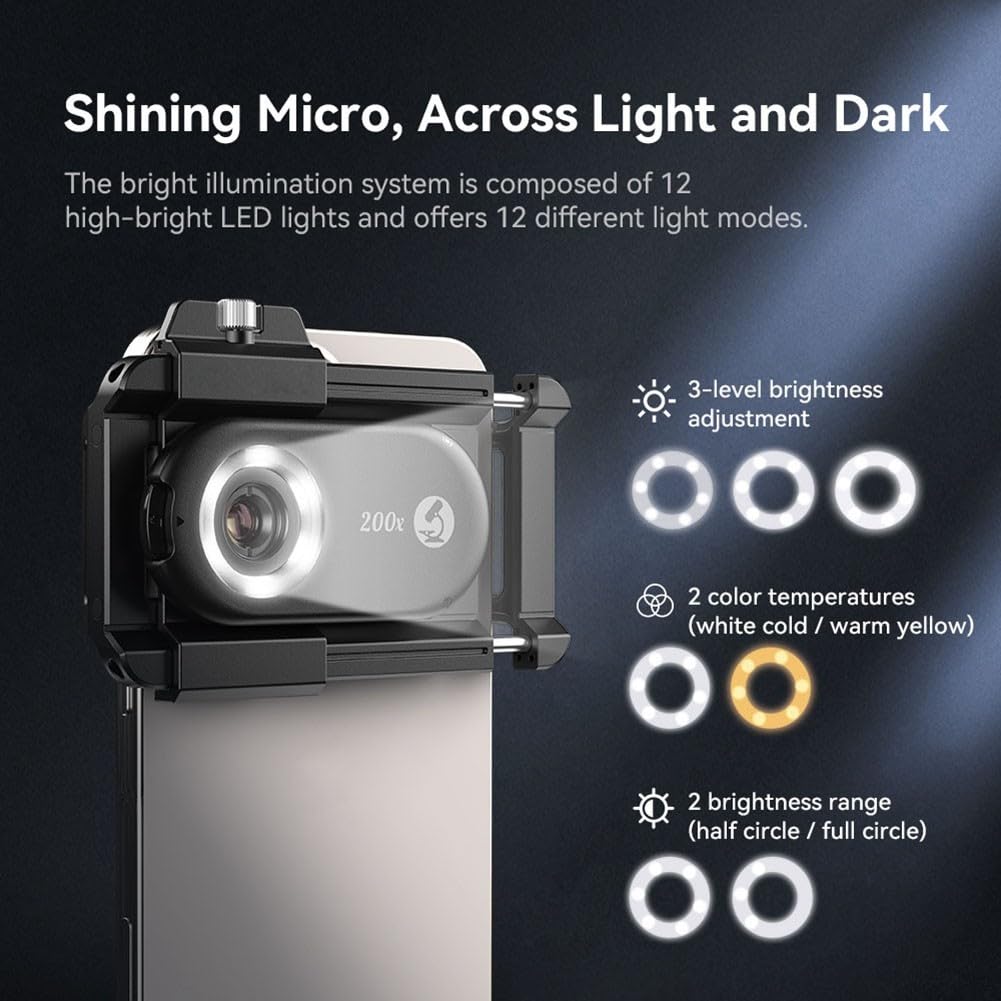 Obiettivo per microscopio 200X per cellulare, luce LED (150x) | Ingrandimento 200X, luce LED integrata, plastica ABS, cavo di ricarica di tipo C, immagini nitide