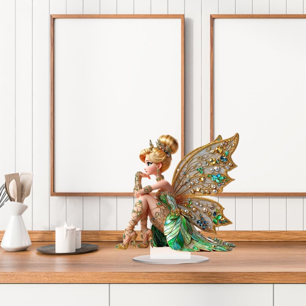 Mini Table Flower Fairy Statue Figurine Ornament Butterfly Fairy with Diamond Home Fairy Garden Decor 2D Acrylic Bookshelf Windowsill Bonsai Landscaping Resin Decor (not a 3D stereoscopic one) - Image 7