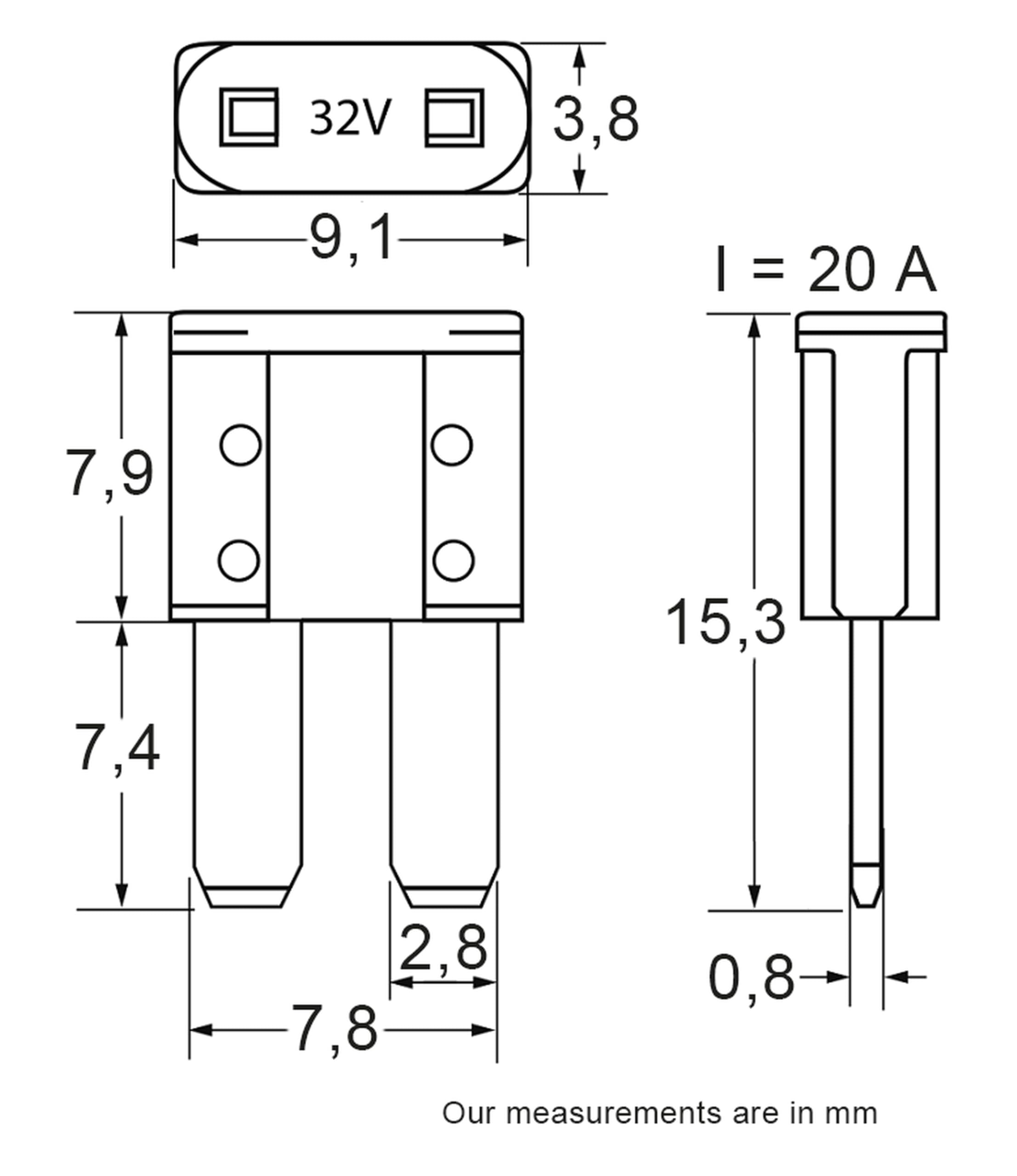 Bezpiecznik płaski Micro II w woreczku, 32V/20A