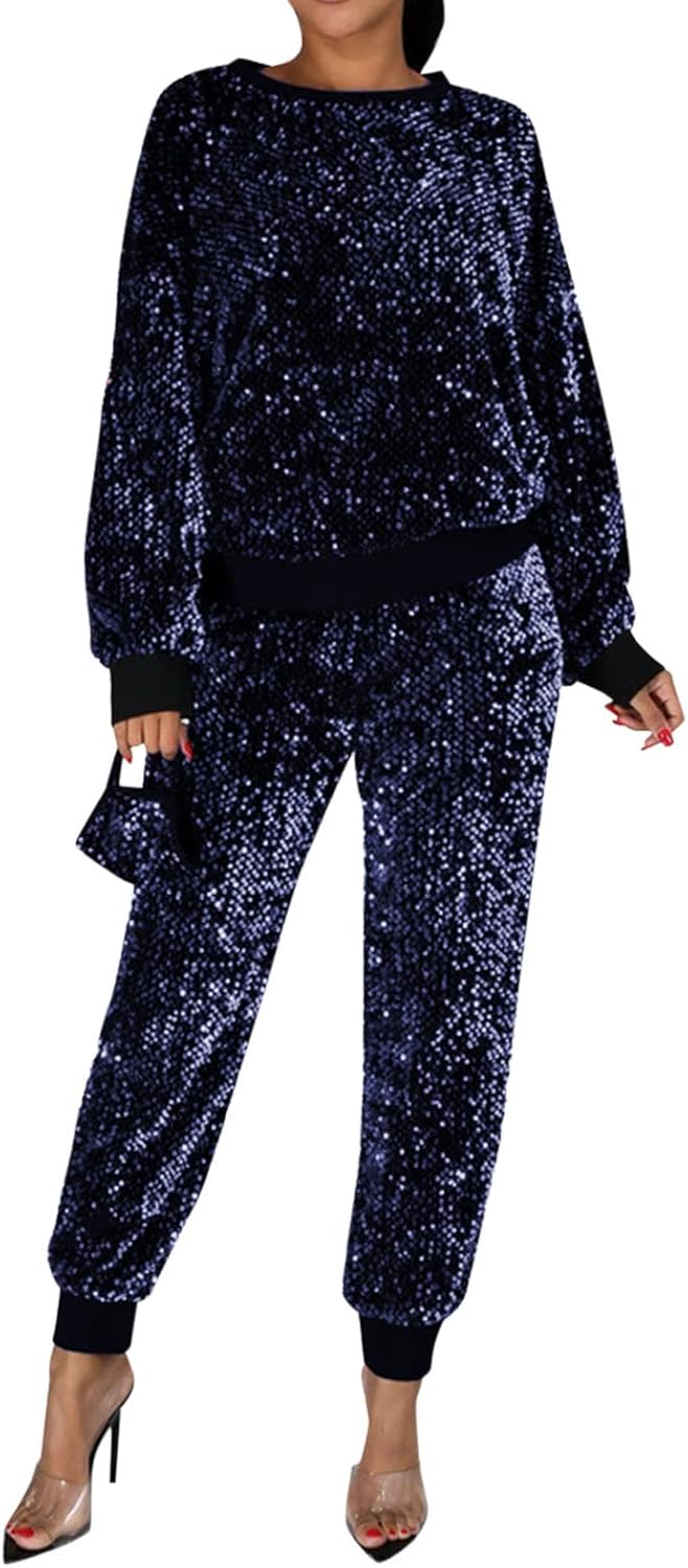 Womens 2 Piece Outfits Lounge Sets Sequin Long Sleeve Crewneck Dressy Top Jogger Pant Set Party Outfit Travel Clothes