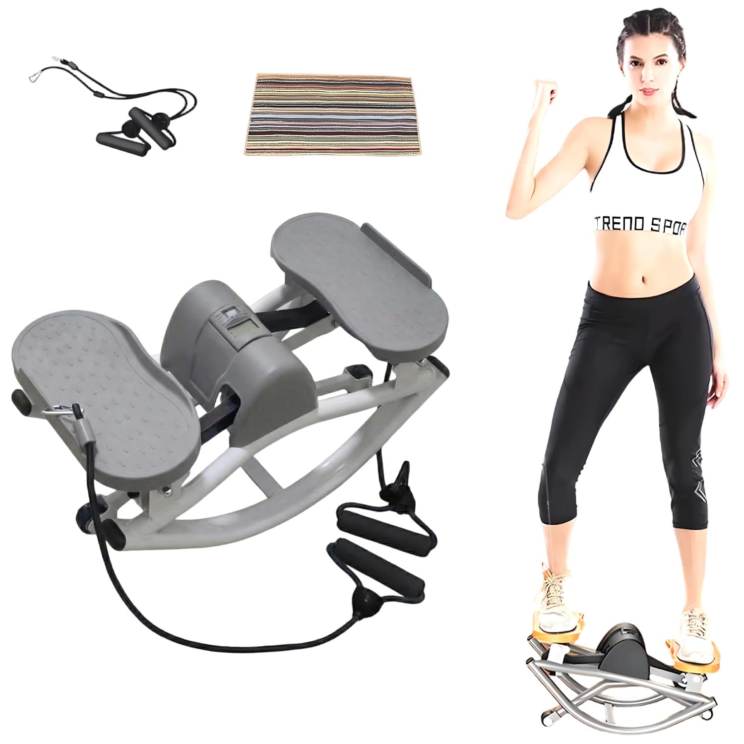 U-Shaped Rock Stepper Machine with LCD Monitor & Resistance Bands,Side to Side Stepper for Low-Impact Full Body Cardio, Home & Office Fitness, The Rock Stepper Gray