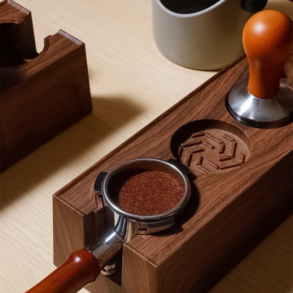 Soporte para café ABS con acabado de nogal con cajón extraíble, estación de apisonamiento espresso de 6 ranuras para el hogar para barista, soporte ajustable para portafiltro y accesorios