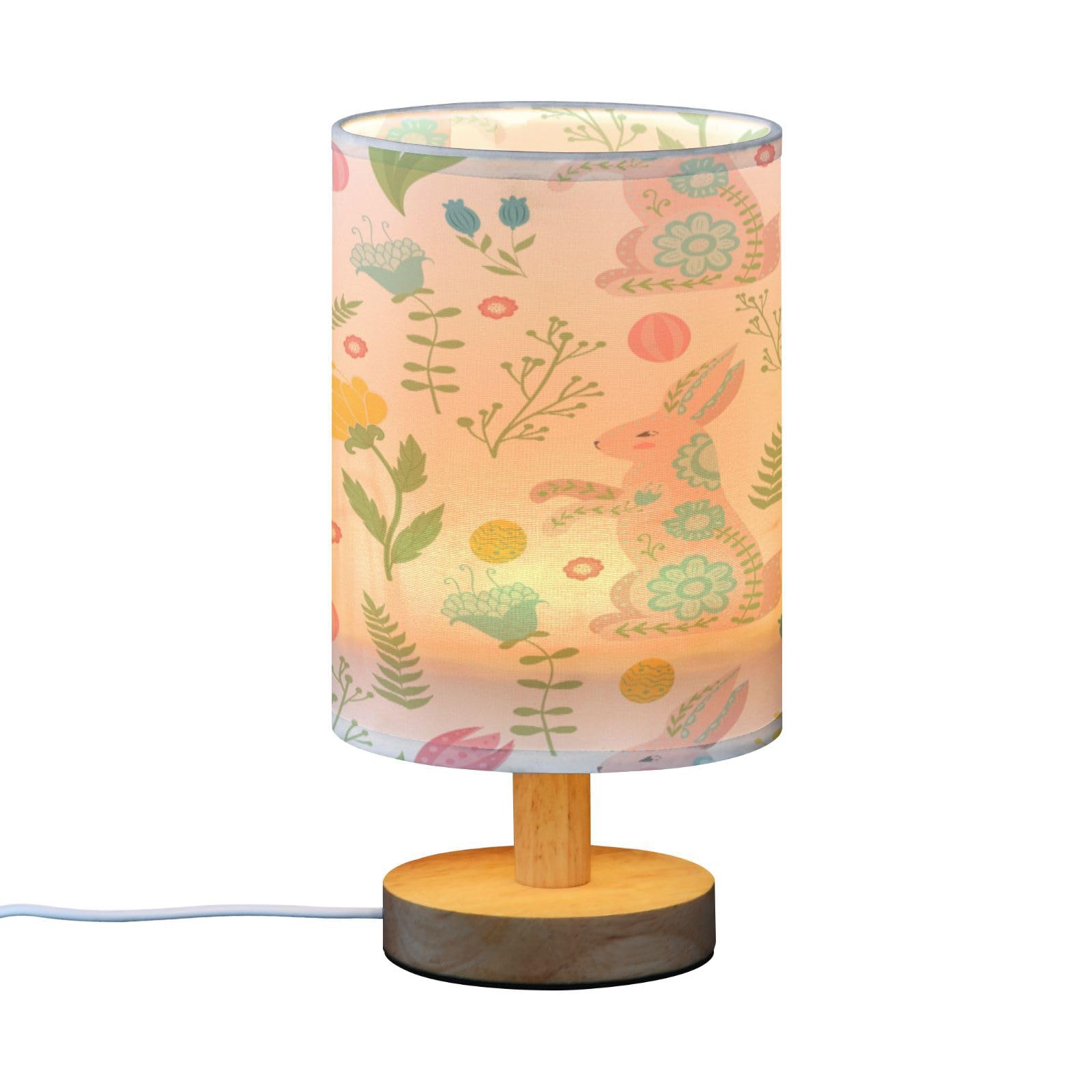 SDMKA Cute Easter Pattern Bedside Table Lamp for Bedroom, Minimalist Nightstand Lamp with Round Fabric Shade for Living Room, Office, No Bulb Required