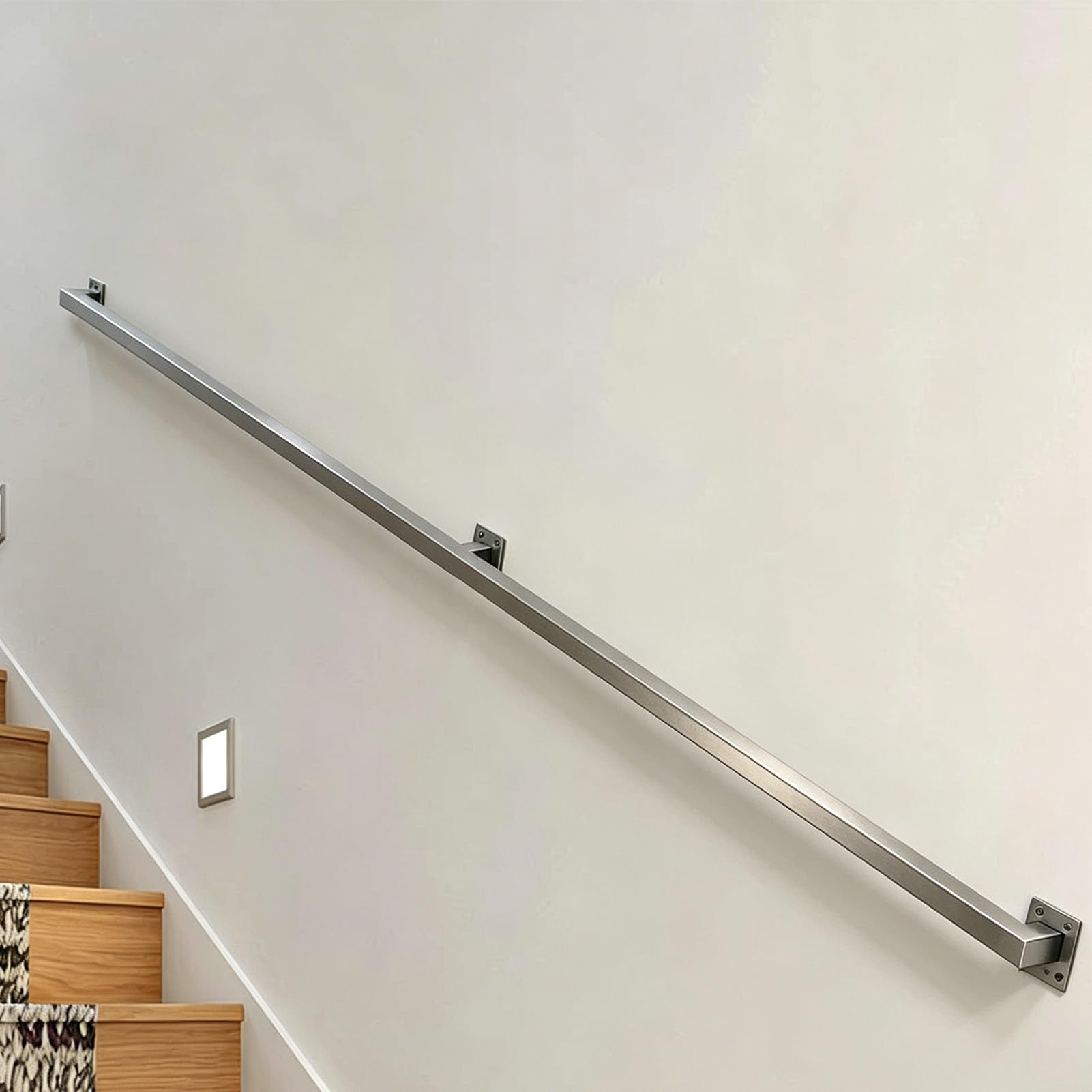 Stair Handrail Silver - 1m/2.8m/3m/3.5m/4m/4.2m Wall Mount Industrial Square Pipe Rust-Resistant Banister - Stainless Steel Sturdy Grab Bar Railing Support Kit(17ft/5.1m)