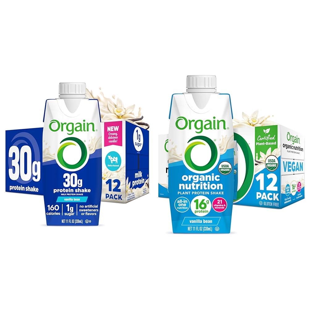 Bundle of Orgain 30g High Protein Shake, Vanilla Bean, 5g BCAAs + Orgain Organic Nutritional Vegan Protein Shake, Vanilla Bean, 16g Plant Based Protein, 11 Fl O