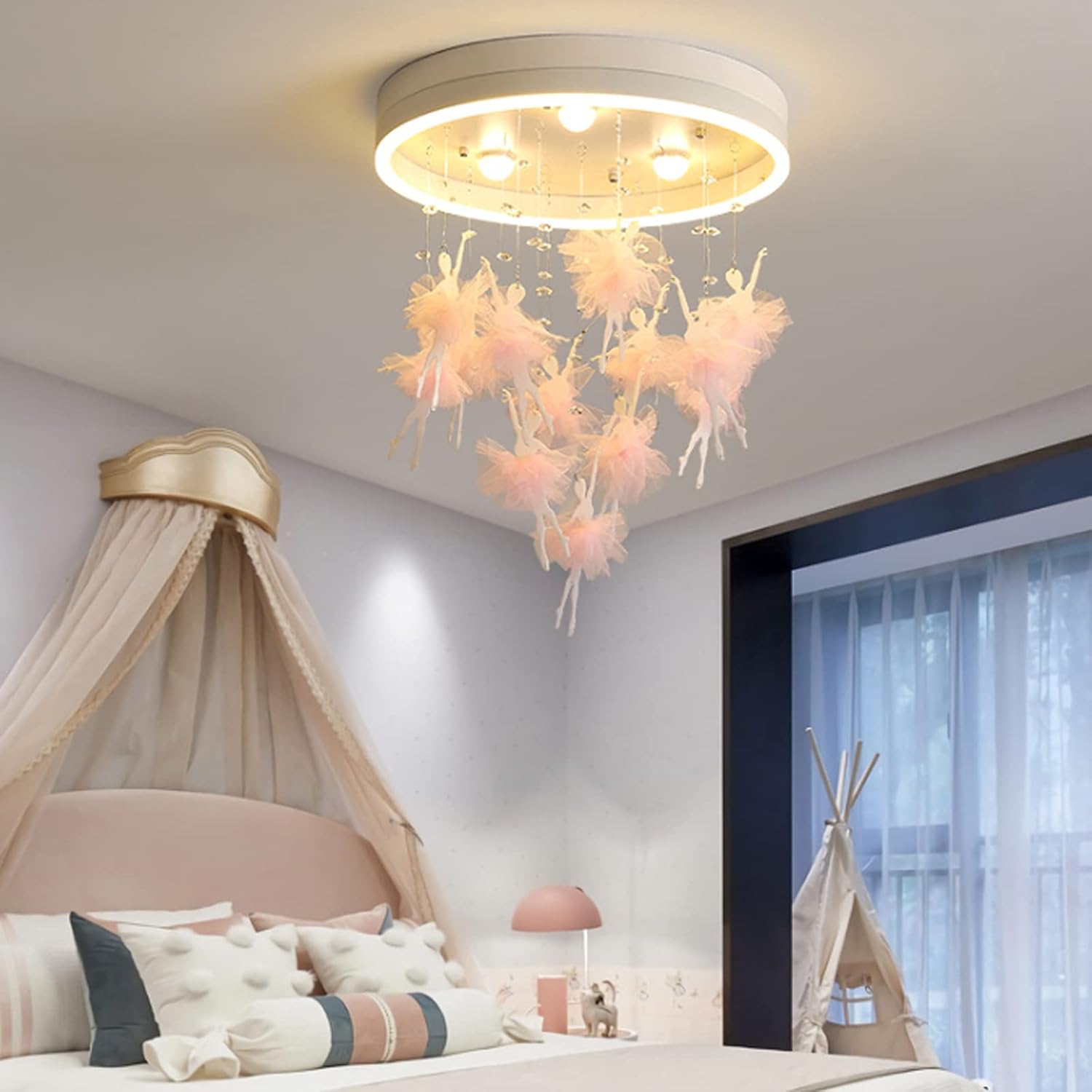 Light Modern Chandeliers Children's Bedroom Simple Creative Warm and Romantic Princess LED Ceiling Lamp Acrylic Lampshade Wedding Room Three-Color (50CM,B)
