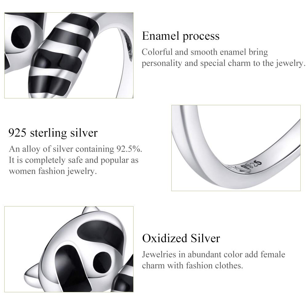 Qings Anello Aperto Regolabile in Argento Sterling - Simpatico Orso Nero Foglie di Piume Colorate Anello Animale Dichiarazione Anelli Impilabili CZ Knuckle Gioielli Fatti a Mano Regali