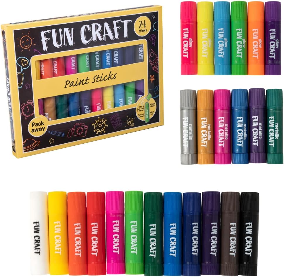 Fun Craft Tempera Paint Sticks | 24 Paint Sticks for Children - 6 Glow Paint, 6 Metallic Paint and 12 Colour Sticks, Washable, Quick Drying, Non-Toxic Mess Free, Crafts Kits for Kids