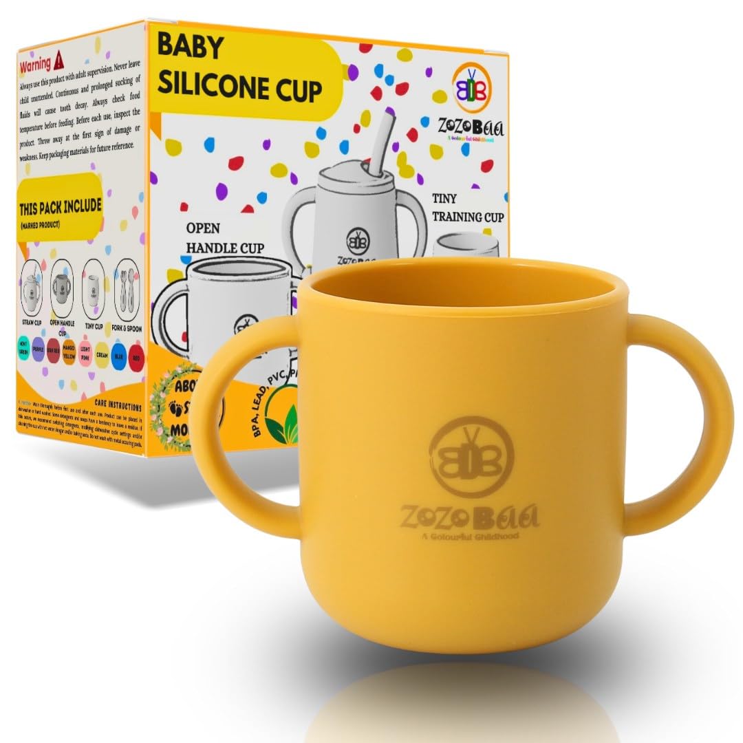 ZoZoBaa Silicone Baby Drinking Open Cup with Two Handles | Multipurpose Tiny Cups for Infant's First Stage Training | Bpa-Free, Unbreakable Non Sippy Cup for Toddlers (Mango Yellow), 160 ML-image-20