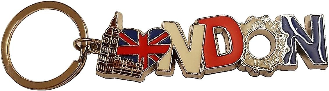 London Metal Silver Coloured Key Chain/Ring/Word in White Blue Red Icon ...