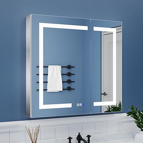 Miniatura 1 de ExBrite Botiquín de baño iluminado con espejo, 28 x 30 pulgadas, botiquín empotrado o de superficie, desempañado, atenuación continua, cambio de