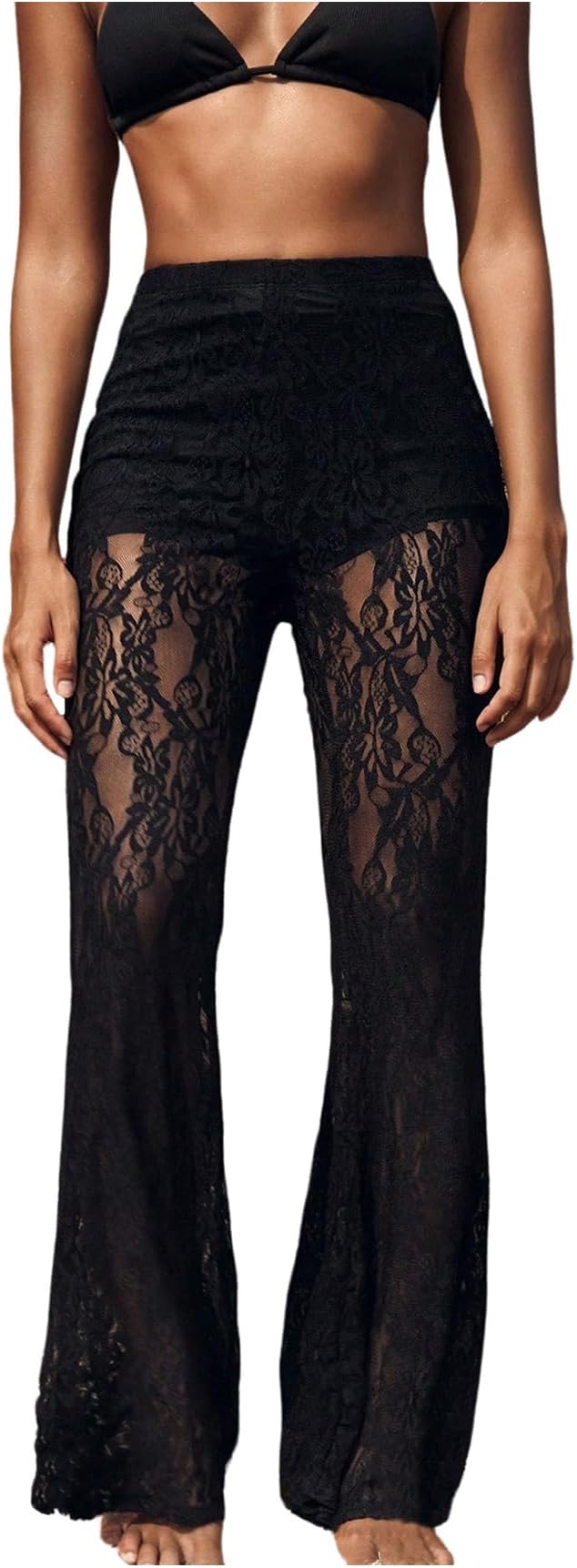 GORGLITTER Women's Flare Leg See Through Lace Pants High Elastic Waist Sexy Party Trousers