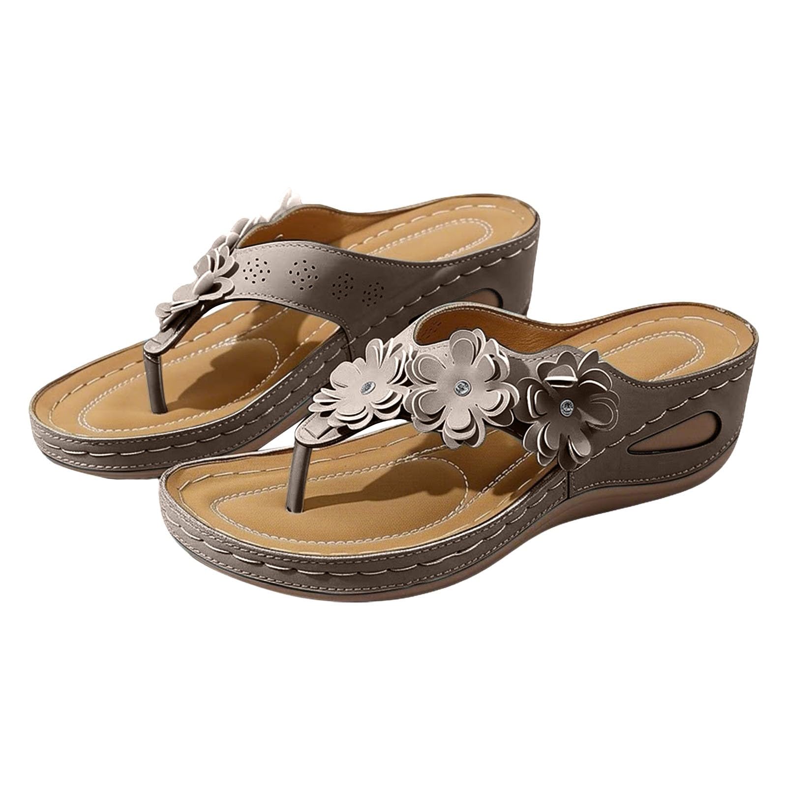 Sandalias de cuña para mujer con cuña - Chanclas de mujer con cuña baja mar con flor sandalia plataforma clip dedos chanclas antideslizantes ligeras y cómodas zapatillas estilo bohemio para piscina