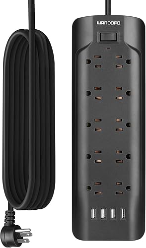 WANDOFO Regleta de alimentación de cable extralargo de 15 pies, tira de salida USB inteligente de 5 V 3.4 A, 10 tomas de corriente ampliamente