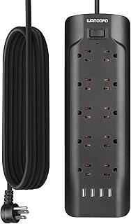 15ft Extra Long Cord Power Strip Surge Protector, 5V 3.4A Smart USB Outlet Strip, 10 Widely Spaced Outlets, Low Profile Flat Plug, Wall Mountable, Ideal for Home Office, Black