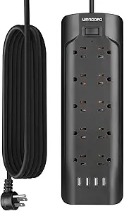 WANDOFO 15ft Extra Long Cord Power Strip Surge Protector, 5V 3.4A Smart USB Outlet Strip, 10 Widely Spaced Outlets, Low Profile Flat Plug, Wall Mountable, Ideal for Home Office, Black