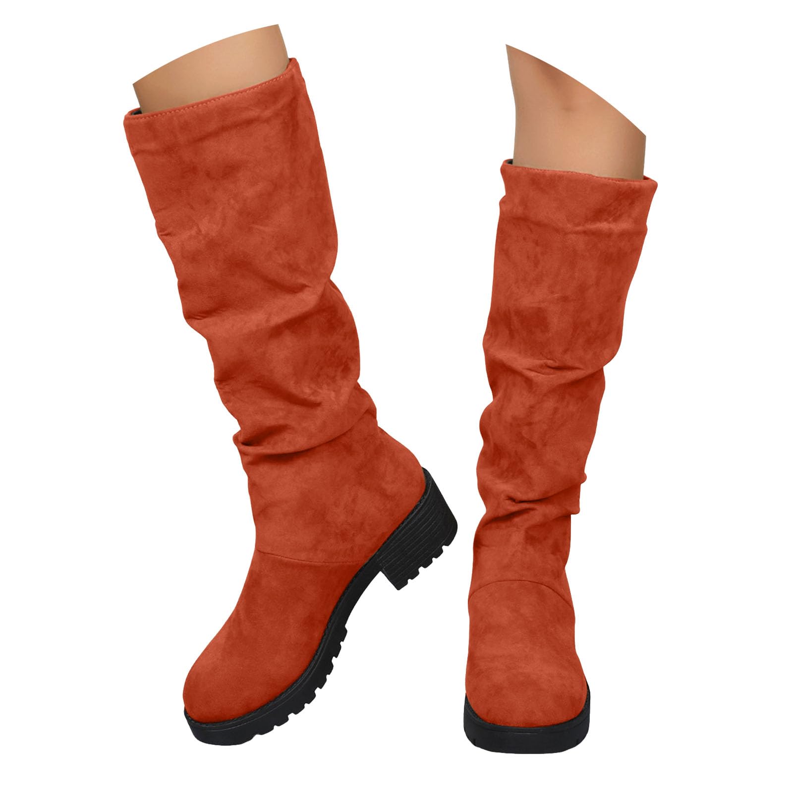 Womens Knee High Boots Low Heel Slouch Round Toe Suede Long Boots for Women Fashion Ruched Casual Platform